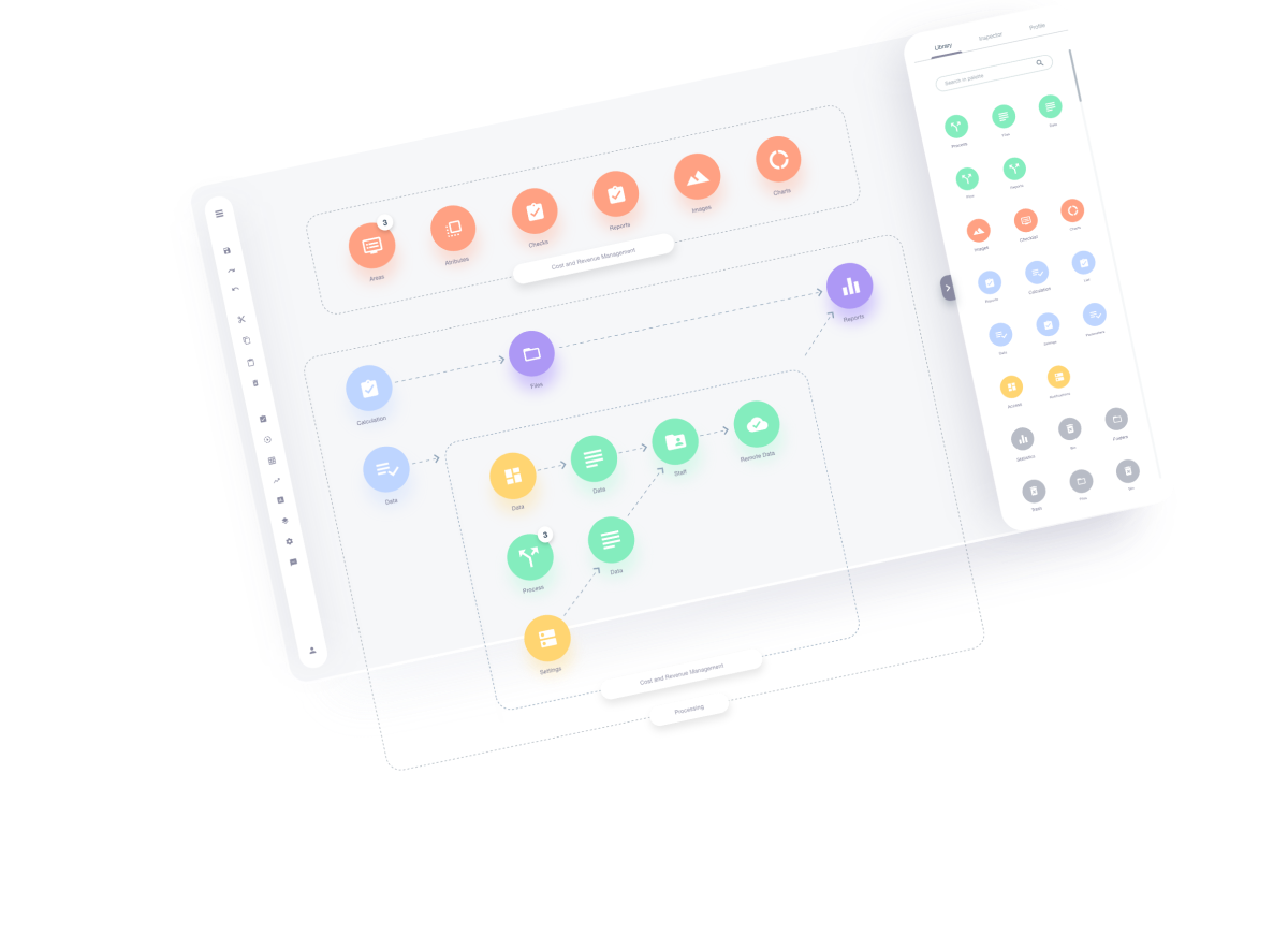 Information flow diagram with colorful nodes and sidebar on the right. Showed as a custom application with interactive dashboard.