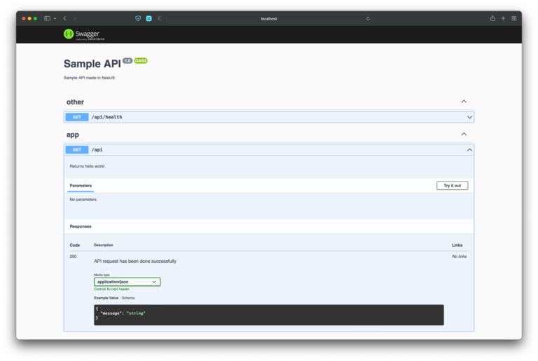 The graphic shows Swagger UI generated with @nestjs/swagger