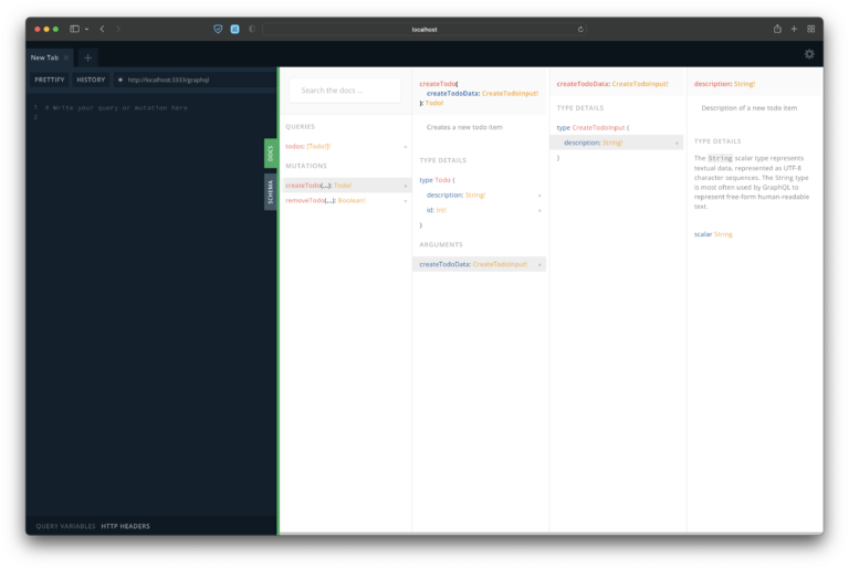 The graphic shows GraphQL Playground displaying descriptions in docs sidebar