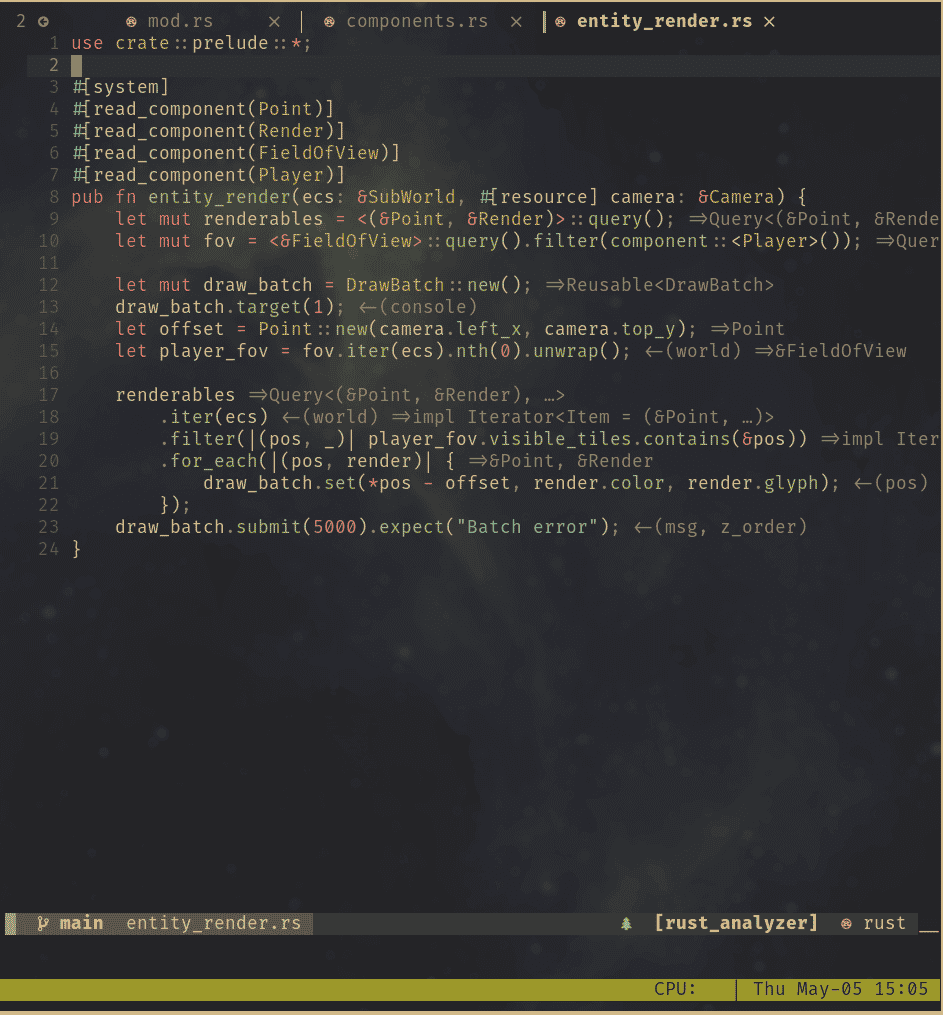The image shows the Rust programming language code for system