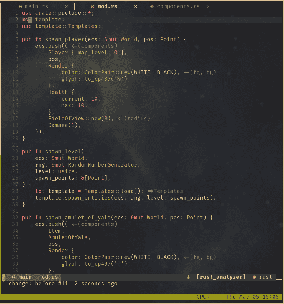The image shows the Rust programming language code 