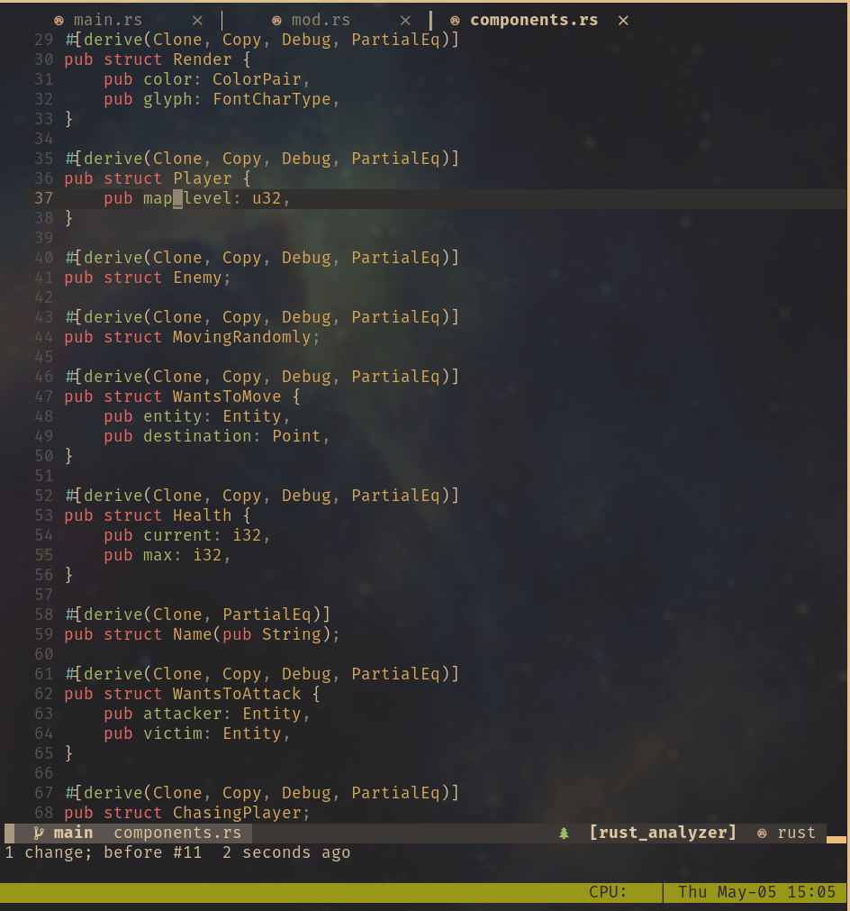 The image shows the Rust programming language code for components