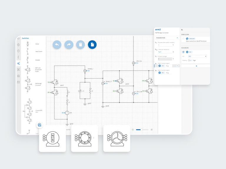 electric circuit diagram for for modeling electrical circuits with palette sidebar and custom options